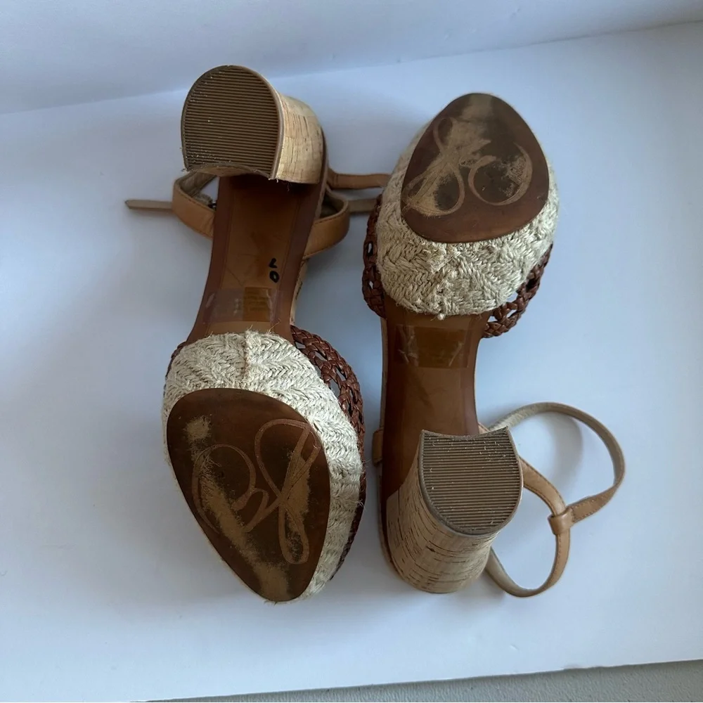 Sam Edelman Rella leather cork basket weave espadrille platform heels.